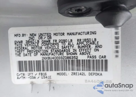 2009 Toyota Corolla Le from USA, damaged, VIN 1NXBU40E69Z086352